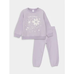 LCW baby Lila Bisiklet Yaka Uzun Kollu Kız Bebek Sweatshirt ve Pantolon 2li Takım