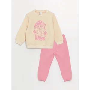 LCW baby Bej Bisiklet Yaka Uzun Kollu Baskılı Kız Bebek Sweatshirt ve Eşofman Alt 2li Takım