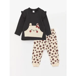 LCW baby Antrasit Bisiklet Yaka Uzun Kollu Baskılı Kız Bebek Sweatshirt ve Pantolon 2li Takım