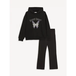 LCW Kids Siyah Baskılı Uzun Kollu Kız Çocuk Hoodie ve Tayt