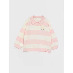 LCW baby Pembe Polo Yaka Uzun Kollu Çizgili Kız Bebek Sweatshirt