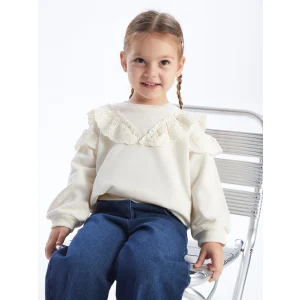 LCW baby Ekru Bisiklet Yaka Kız Bebek Fırfırlı Sweatshirt