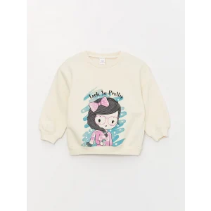 LCW baby Ekru Bisiklet Yaka Uzun Kollu Baskılı Kız Bebek Sweatshirt