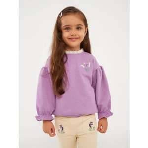 LCW baby Mor Bisiklet Yaka Uzun Kollu Nakışlı Kız Bebek Sweatshirt