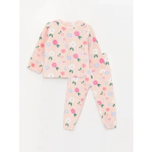 LCW baby Pembe Bisiklet Yaka Uzun Kollu Desenli Pelüş Kız Bebek Pijama Takımı
