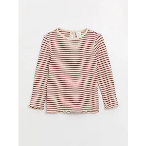 LCW baby Kırmızı Bisiklet Yaka Uzun Kollu Çizgili Kız Bebek Tişört