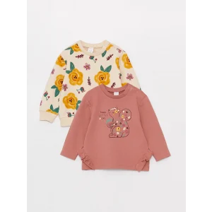 LCW baby Ekru Bisiklet Yaka Uzun Kollu Baskılı Kız Bebek Sweatshirt 2li