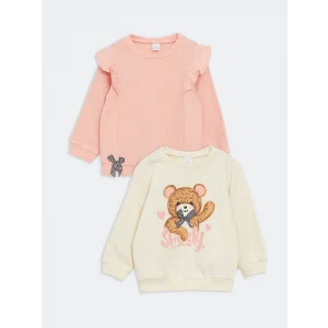 LCW baby Pembe Bisiklet Yaka Baskılı Kız Bebek Sweatshirt 2li