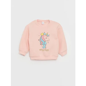LCW baby Pembe Bisiklet Yaka Uzun Kollu Baskılı Kız Bebek Sweatshirt