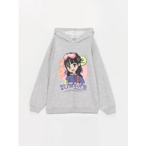 LCW Kids Gri Baskılı Uzun Kollu Kız Çocuk Hoodie