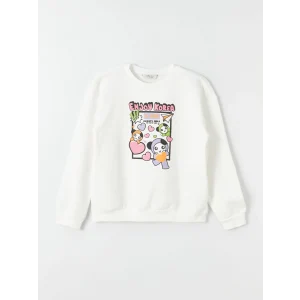 LCW Kids Ekru Bisiklet Yaka K-Pop Baskılı Uzun Kollu Kız Çocuk Sweatshirt