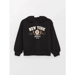 LCW Kids Siyah Kapüşonlu Baskılı Uzun Kollu Kız Çocuk Sweatshirt