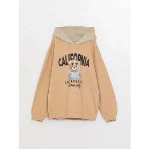 LCW Kids Bej Kapüşonlu Baskılı Uzun Kollu Kız Çocuk Sweatshirt