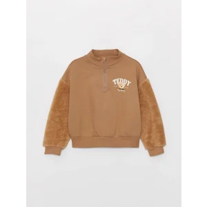 LCW Kids Bej Dik Yaka Baskılı Uzun Kollu Kız Çocuk Sweatshirt