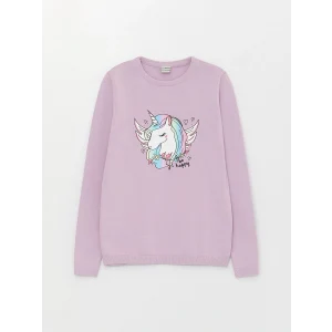 LCW Kids Lila Bisiklet Yaka Baskılı Uzun Kollu Kız Çocuk Triko Kazak