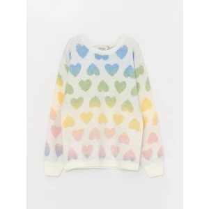 LCW Kids Ekru Bisiklet Yaka Desenli Uzun Kollu Kız Çocuk Triko Kazak