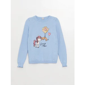 LCW Kids Mavi Bisiklet Yaka Baskılı Uzun Kollu Kız Çocuk Triko Kazak