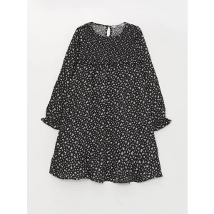 LCW Kids Siyah Bisiklet Yaka Desenli Uzun Kollu Kız Çocuk Elbise