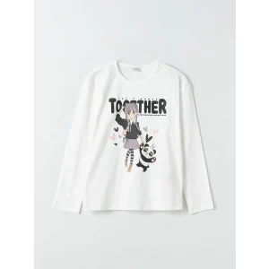 LCW Kids Ekru Bisiklet Yaka Baskılı Uzun Kollu Kız Çocuk Tişört