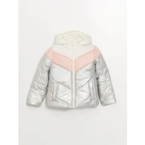 LCW Kids Ekru Kapüşonlu Renk Bloklu Kız Çocuk Şişme Mont