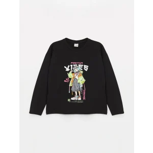 LCW Kids Siyah Bisiklet Yaka Baskılı Uzun Kollu Kız Çocuk Tişört