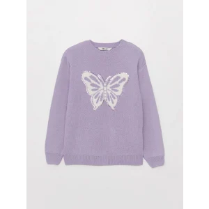 LCW Kids Lila Bisiklet Yaka Desenli Uzun Kollu Kız Çocuk Triko Kazak