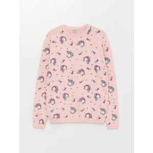 LCW Kids Pembe Bisiklet Yaka Baskılı Uzun Kollu Kız Çocuk Triko Kazak