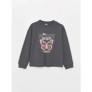 LCW Kids Gri Bisiklet Yaka Baskılı Uzun Kollu Kız Çocuk Tişört
