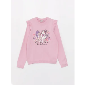 LCW Kids Pembe Bisiklet Yaka Baskılı Uzun Kollu Kız Çocuk Triko Kazak