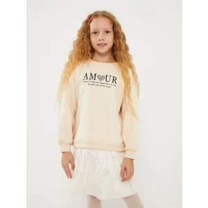 LCW Kids Bej Bisiklet Yaka Baskılı Uzun Kollu Kız Çocuk Elbise