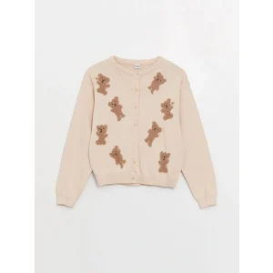 LCW Kids Pembe Bisiklet Yaka Desenli Uzun Kollu Kız Çocuk Triko Hırka