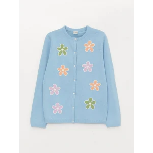 LCW Kids Mavi Bisiklet Yaka Desenli Uzun Kollu Kız Çocuk Triko Hırka