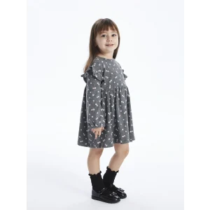 LCW baby Antrasit Bisiklet Yaka Uzun Kollu Kız Bebek Elbise