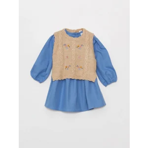 LCW baby Mavi Bisiklet Yaka Kız Bebek Elbise ve Süveter 2li Takım