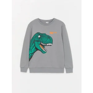 LCW Kids Gri Bisiklet Yaka Baskılı Uzun Kollu Erkek Çocuk Tişört