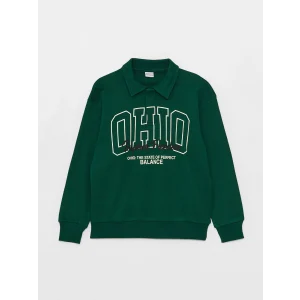 LCW Kids Yeşil Rahat Kalıp Polo Yaka Baskılı Erkek Çocuk Sweatshirt