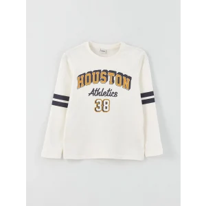 LCW Kids Ekru Bisiklet Yaka Baskılı Uzun Kollu Erkek Çocuk Tişört