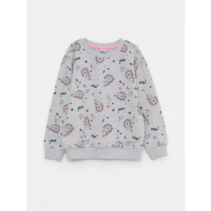 LCW Kids Gri Bisiklet Yaka Baskılı Uzun Kollu Kız Çocuk Sweatshirt