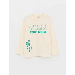 LCW Kids Ekru Rahat Kalıp Bisiklet Yaka Baskılı Erkek Çocuk Tişört