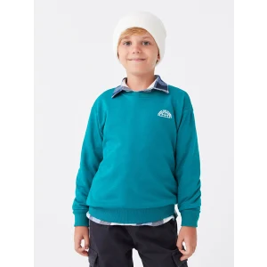 LCW Kids Turkuaz Rahat Kalıp Bisiklet Yaka Baskılı Erkek Çocuk Sweatshirt