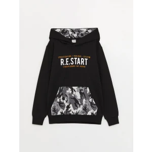 LCW Kids Siyah Baskılı Uzun Kollu Erkek Çocuk Hoodie