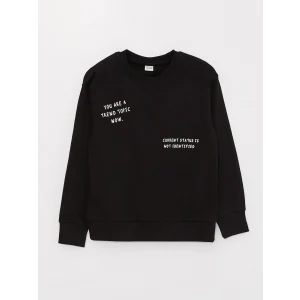 LCW Kids Siyah Rahat Kalıp Bisiklet Yaka Baskılı Erkek Çocuk Sweatshirt