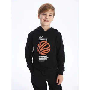 LCW Kids Siyah Baskılı Uzun Kollu Erkek Çocuk Hoodie