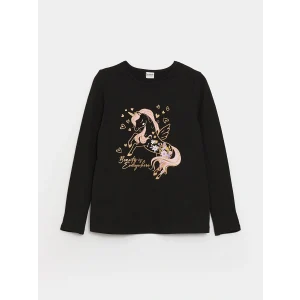 LCW Kids Siyah Bisiklet Yaka Baskılı Uzun Kollu Kız Çocuk Tişört