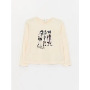 LCW Kids Bej Bisiklet Yaka Baskılı Uzun Kollu Kız Çocuk Tişört