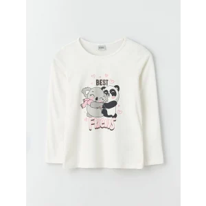 LCW Kids Ekru Bisiklet Yaka Baskılı Uzun Kollu Kız Çocuk Tişört