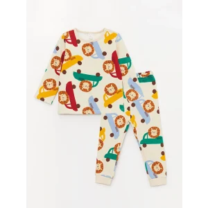 LCW baby Bej Bisiklet Yaka Baskılı Erkek Bebek Pijama Takımı