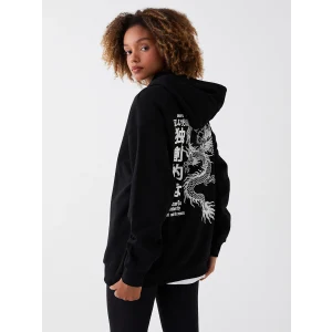 XSIDE Siyah Baskılı Oversize Kadın Kalın Hoodie