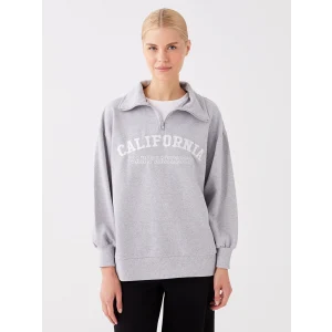 LCW Modest Gri Gömlek Yaka Baskılı Uzun Kollu Oversize Kadın Sweatshirt Tunik