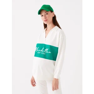 LCWAIKIKI Maternity Beyaz Polo Yaka Baskılı Uzun Kollu Oversize Hamile Sweatshirt